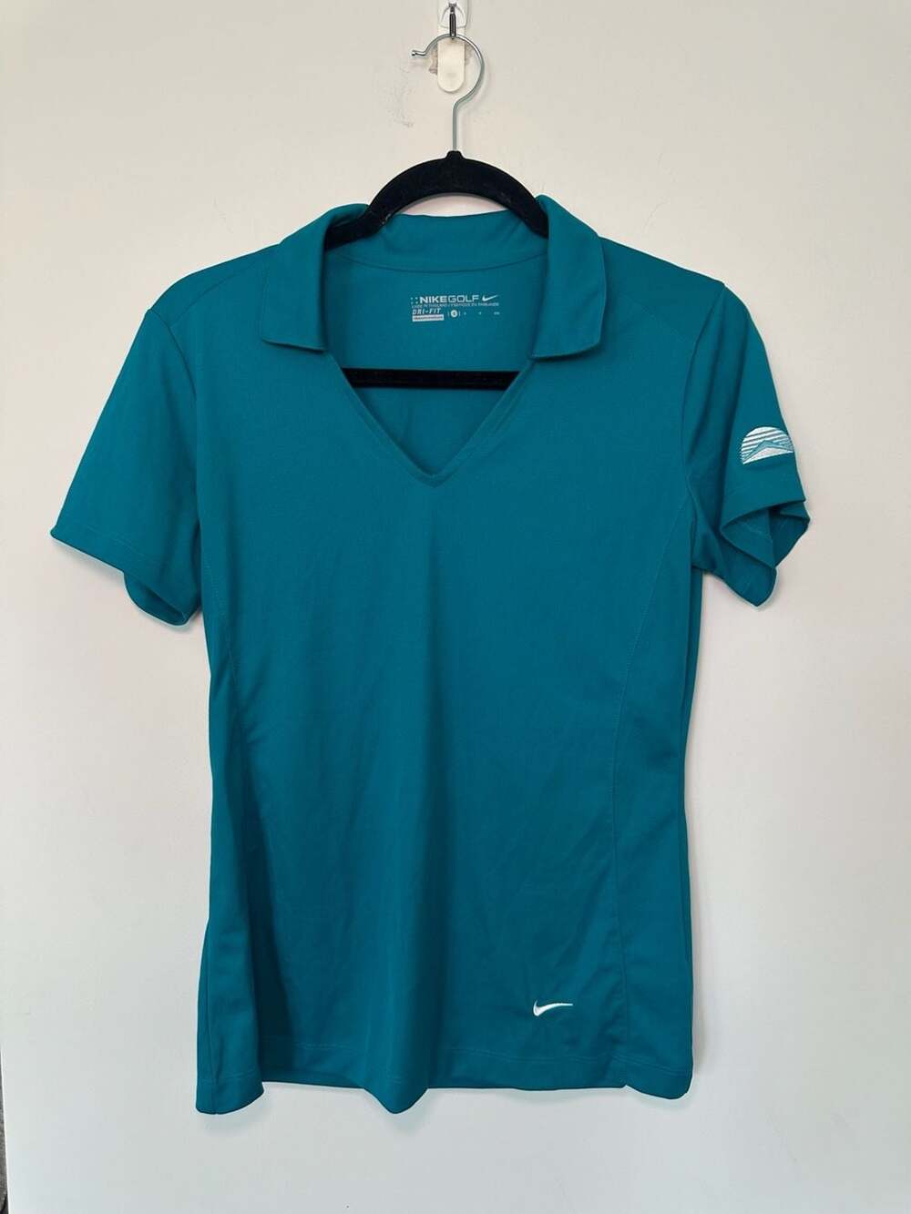 Nike Golf Women's Dri-FIT Teal Blue V-Neck Short Sleeve Polo Shirt Size Small